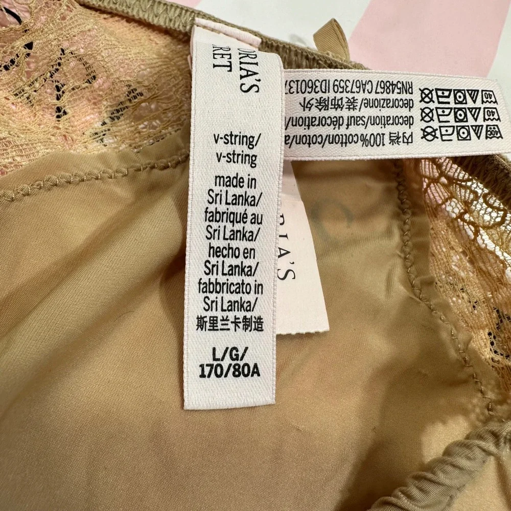 NWT Victoria's Secret Sheer Lace‎ Trim Thong Panty Tan Large